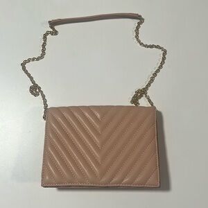Blush/nude pink small flap handbag with gold chain